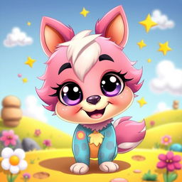 A cute and funny cartoon character with big expressive eyes, a cheerful smile, and colorful fur