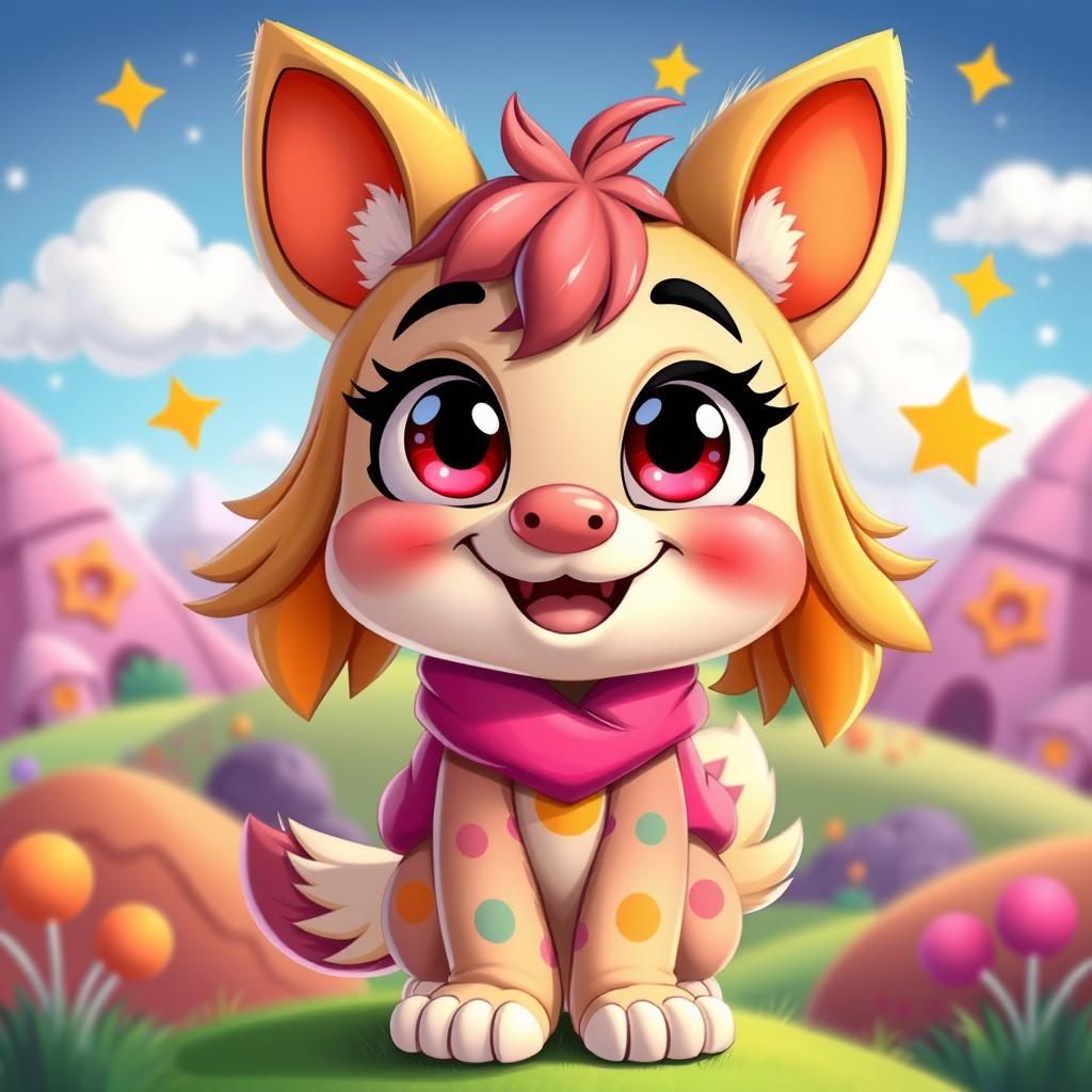 A cute and funny cartoon character with big expressive eyes, a cheerful smile, and colorful fur