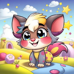 A cute and funny cartoon character with big expressive eyes, a cheerful smile, and colorful fur
