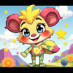 A cute and funny cartoon character with big expressive eyes, a cheerful smile, and colorful fur