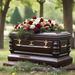 A respectfully depicted funeral casket, elegantly made from dark wood, adorned with flowers in a peaceful setting.