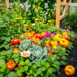 A vibrant and lush garden filled with a variety of plants and vegetables, showcasing colorful tomatoes, leafy greens like kale and spinach, bell peppers in multiple colors, and lush green herbs such as basil and mint