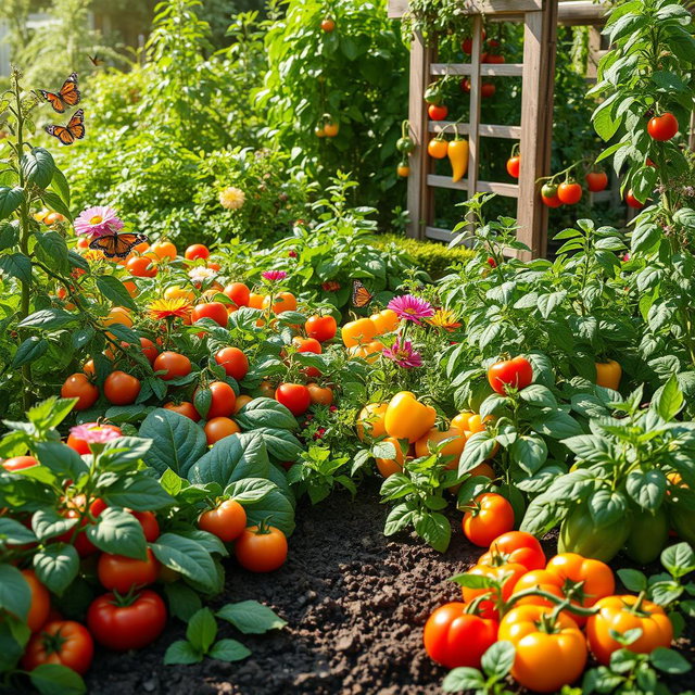 A vibrant and lush garden filled with a variety of plants and vegetables, showcasing colorful tomatoes, leafy greens like kale and spinach, bell peppers in multiple colors, and lush green herbs such as basil and mint