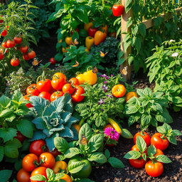 A vibrant and lush garden filled with a variety of plants and vegetables, showcasing colorful tomatoes, leafy greens like kale and spinach, bell peppers in multiple colors, and lush green herbs such as basil and mint