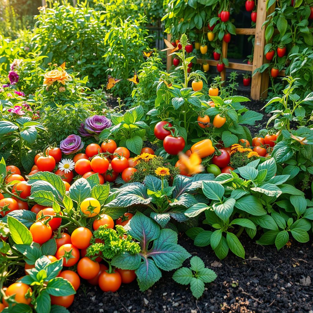 A vibrant and lush garden filled with a variety of plants and vegetables, showcasing colorful tomatoes, leafy greens like kale and spinach, bell peppers in multiple colors, and lush green herbs such as basil and mint