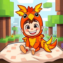 A humorous cartoon character of a boy dressed in a colorful phoenix costume, featuring bright reds, oranges, and yellows that mimic flames