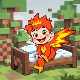 A humorous cartoon character of a boy dressed in a colorful phoenix costume, featuring bright reds, oranges, and yellows that mimic flames