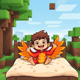A humorous cartoon character of a boy dressed in a colorful phoenix costume, featuring bright reds, oranges, and yellows that mimic flames