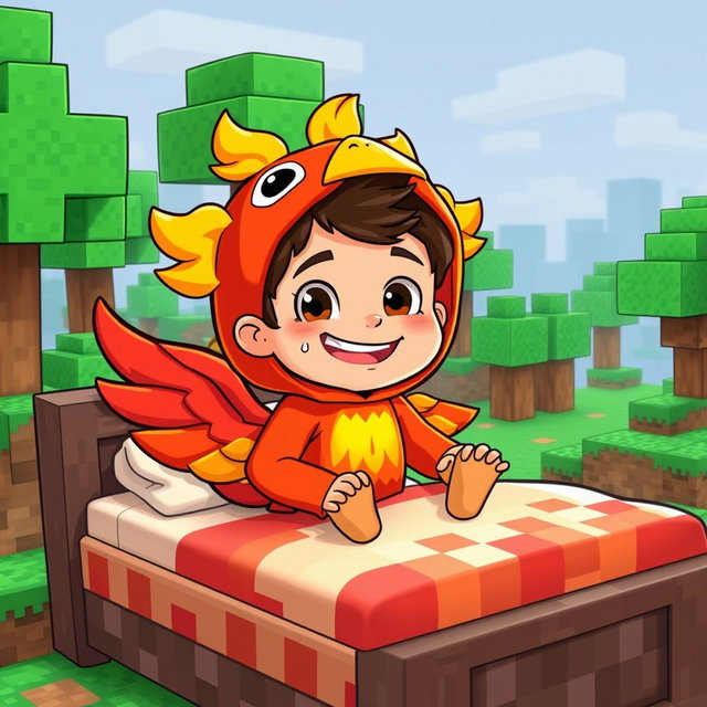 A humorous cartoon character of a boy dressed in a colorful phoenix costume, featuring bright reds, oranges, and yellows that mimic flames