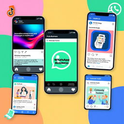 A creative collage featuring screenshots of social media posts on TikTok, Instagram, WhatsApp Business, and Facebook