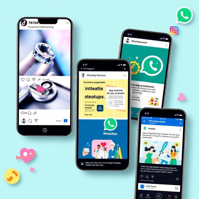 A creative collage featuring screenshots of social media posts on TikTok, Instagram, WhatsApp Business, and Facebook