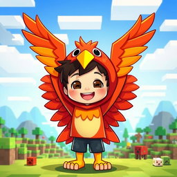 A cartoon-style character, a boy dressed in a vibrant phoenix costume with bright red and orange feathers, showcasing a characteristic playful and adventurous face, set against a Minecraft background, featuring blocky landscapes with grass blocks, trees, and pixelated mountains