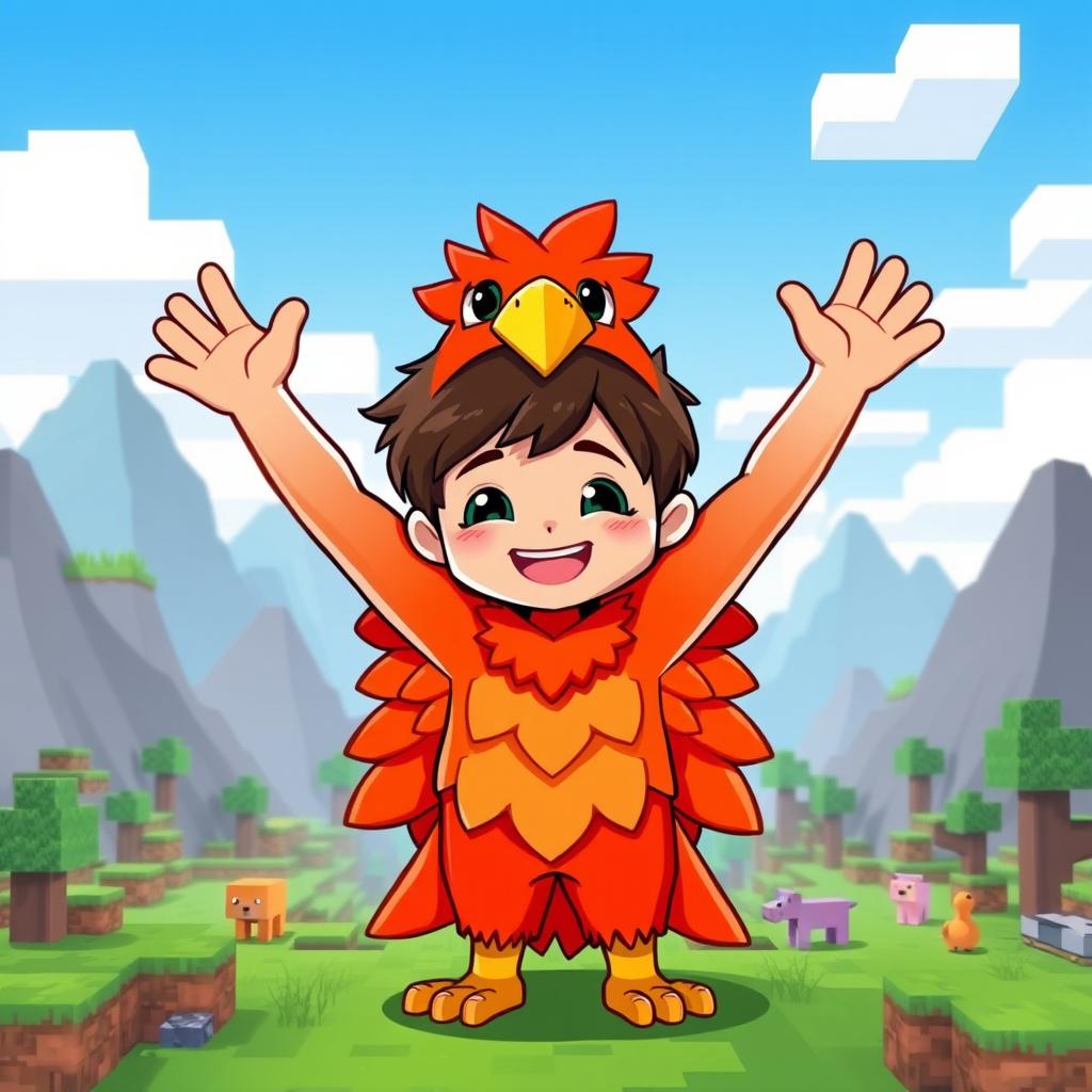A cartoon-style character, a boy dressed in a vibrant phoenix costume with bright red and orange feathers, showcasing a characteristic playful and adventurous face, set against a Minecraft background, featuring blocky landscapes with grass blocks, trees, and pixelated mountains