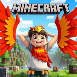 A cartoon-style character, a boy dressed in a vibrant phoenix costume with bright red and orange feathers, showcasing a characteristic playful and adventurous face, set against a Minecraft background, featuring blocky landscapes with grass blocks, trees, and pixelated mountains