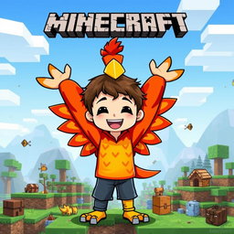 A cartoon-style character, a boy dressed in a vibrant phoenix costume with bright red and orange feathers, showcasing a characteristic playful and adventurous face, set against a Minecraft background, featuring blocky landscapes with grass blocks, trees, and pixelated mountains