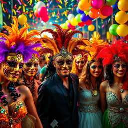 A vibrant and colorful scene depicting a festive carnival atmosphere with people wearing extravagant and expressive carnival masks