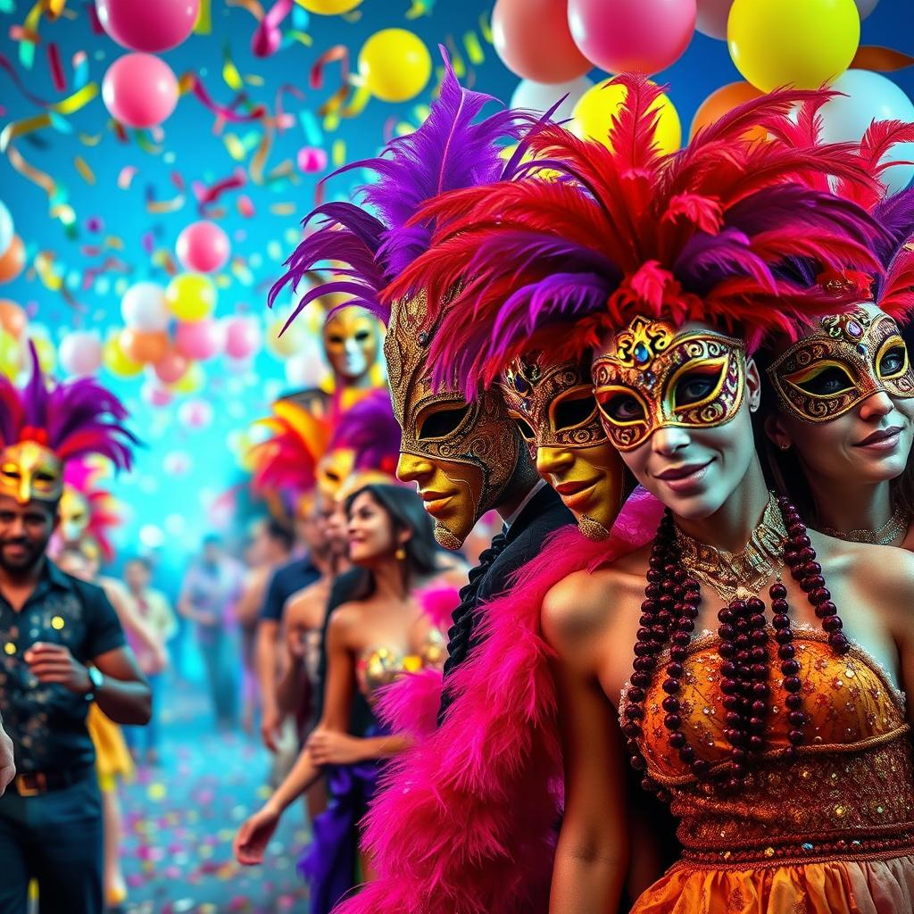 A vibrant and colorful scene depicting a festive carnival atmosphere with people wearing extravagant and expressive carnival masks