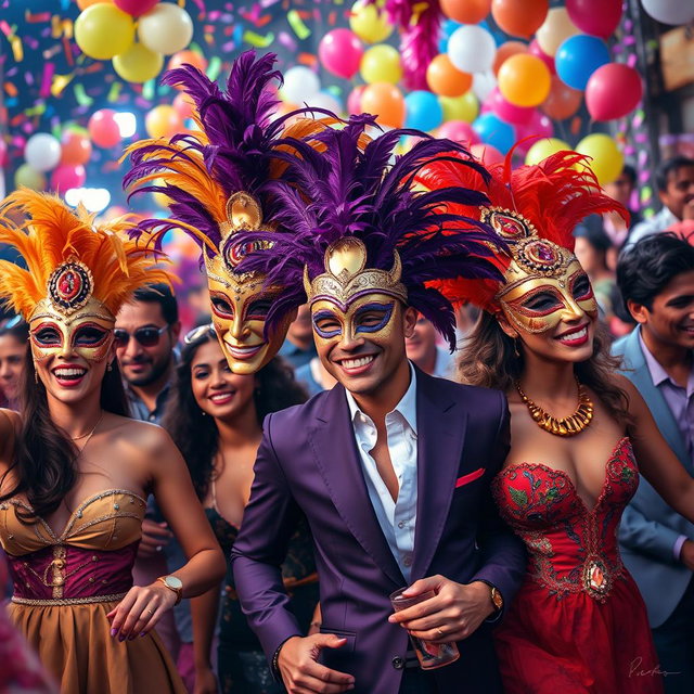 A vibrant and colorful scene depicting a festive carnival atmosphere with people wearing extravagant and expressive carnival masks