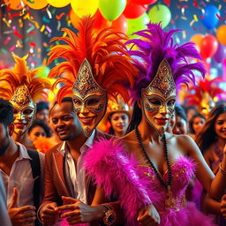 A vibrant and colorful scene depicting a festive carnival atmosphere with people wearing extravagant and expressive carnival masks