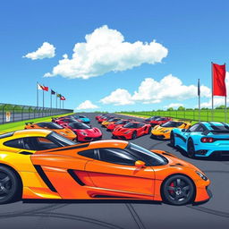 A vibrant scene featuring a variety of sports cars, each with unique and bold colors
