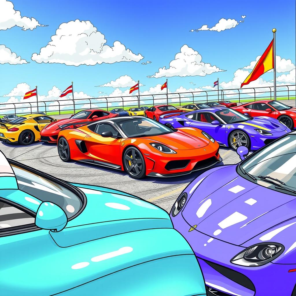 A vibrant scene featuring a variety of sports cars, each with unique and bold colors