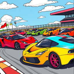 A vibrant scene featuring a variety of sports cars, each with unique and bold colors