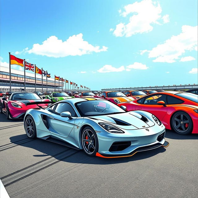 A vibrant scene featuring a variety of sports cars, each with unique and bold colors