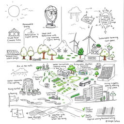 A detailed sketch showcasing various methods to reduce climate change risks and lessen its effects