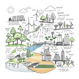 A detailed sketch showcasing various methods to reduce climate change risks and lessen its effects