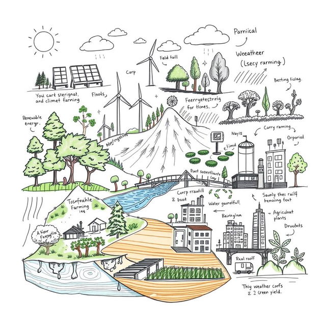 A detailed sketch showcasing various methods to reduce climate change risks and lessen its effects