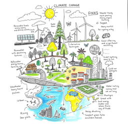 A detailed sketch showcasing various methods to reduce climate change risks and lessen its effects