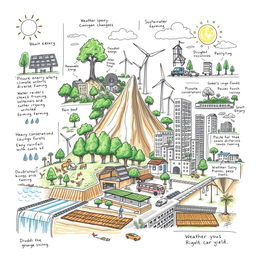 A detailed sketch showcasing various methods to reduce climate change risks and lessen its effects