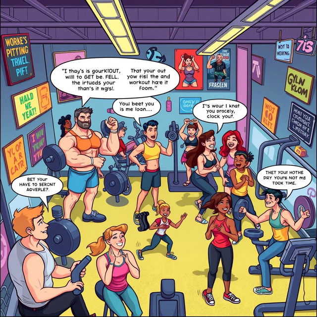A vibrant comic illustration set in a colorful gym filled with diverse characters working out