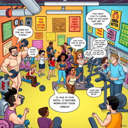 A vibrant comic illustration set in a colorful gym filled with diverse characters working out
