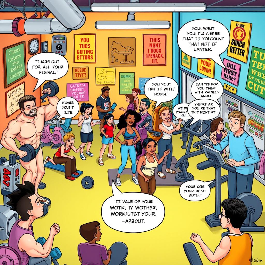 A vibrant comic illustration set in a colorful gym filled with diverse characters working out