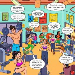 A vibrant comic illustration set in a colorful gym filled with diverse characters working out