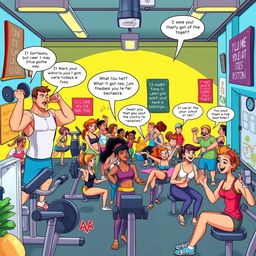 A vibrant comic illustration set in a colorful gym filled with diverse characters working out