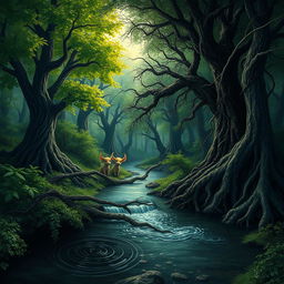 A mystical scene depicting a lush forest slowly being corrupted by dark, twisted vines and pollutants