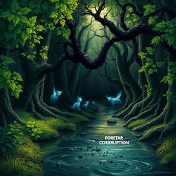 A mystical scene depicting a lush forest slowly being corrupted by dark, twisted vines and pollutants