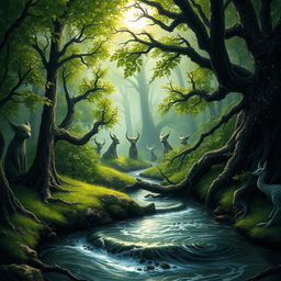 A mystical scene depicting a lush forest slowly being corrupted by dark, twisted vines and pollutants