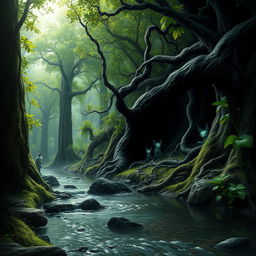 A mystical scene depicting a lush forest slowly being corrupted by dark, twisted vines and pollutants
