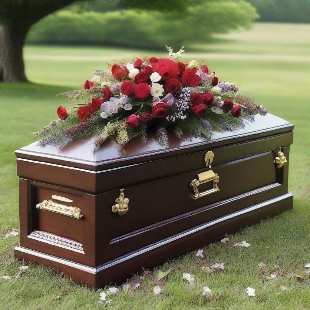 A respectfully depicted funeral casket, elegantly made from dark wood, adorned with flowers in a peaceful setting.