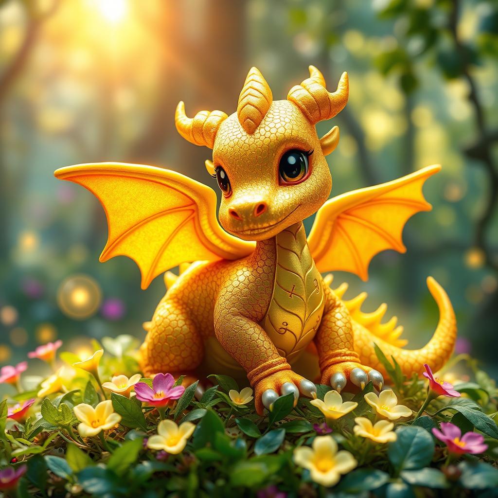 A charming healer mini golden dragon, with shimmering golden scales that catch the light, adorned with delicate, mystical runes along its wings