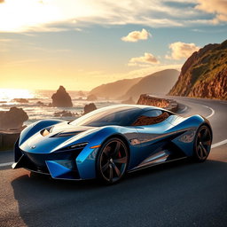 A sleek and futuristic sports car, shining under a sunset sky, with reflections of the sun on its polished surface