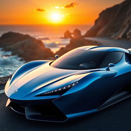A sleek and futuristic sports car, shining under a sunset sky, with reflections of the sun on its polished surface