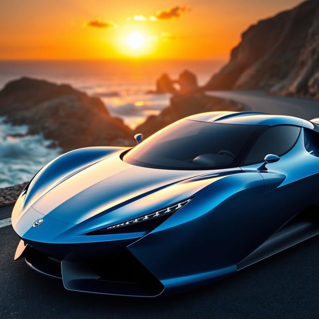 A sleek and futuristic sports car, shining under a sunset sky, with reflections of the sun on its polished surface