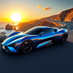 A sleek and futuristic sports car, shining under a sunset sky, with reflections of the sun on its polished surface