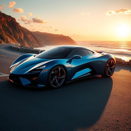 A sleek and futuristic sports car, shining under a sunset sky, with reflections of the sun on its polished surface
