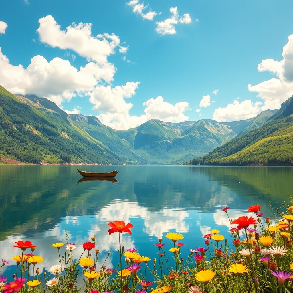 A beautiful and serene nature landscape of a tranquil lake surrounded by lush green mountains under a bright blue sky with fluffy white clouds