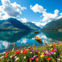 A beautiful and serene nature landscape of a tranquil lake surrounded by lush green mountains under a bright blue sky with fluffy white clouds